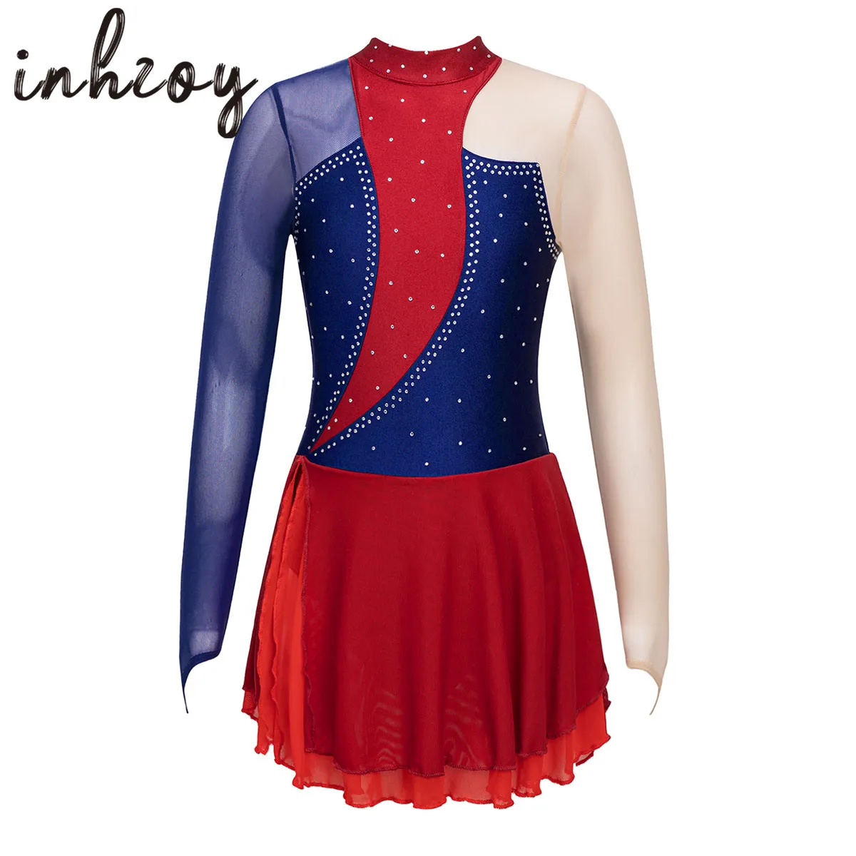 

Stylish Figure Skating Dress Kids Girl Mesh Long Sleeve Rhinestone Ballet Dance Tutu Gymnastics Leotard Ballroom Dancewear