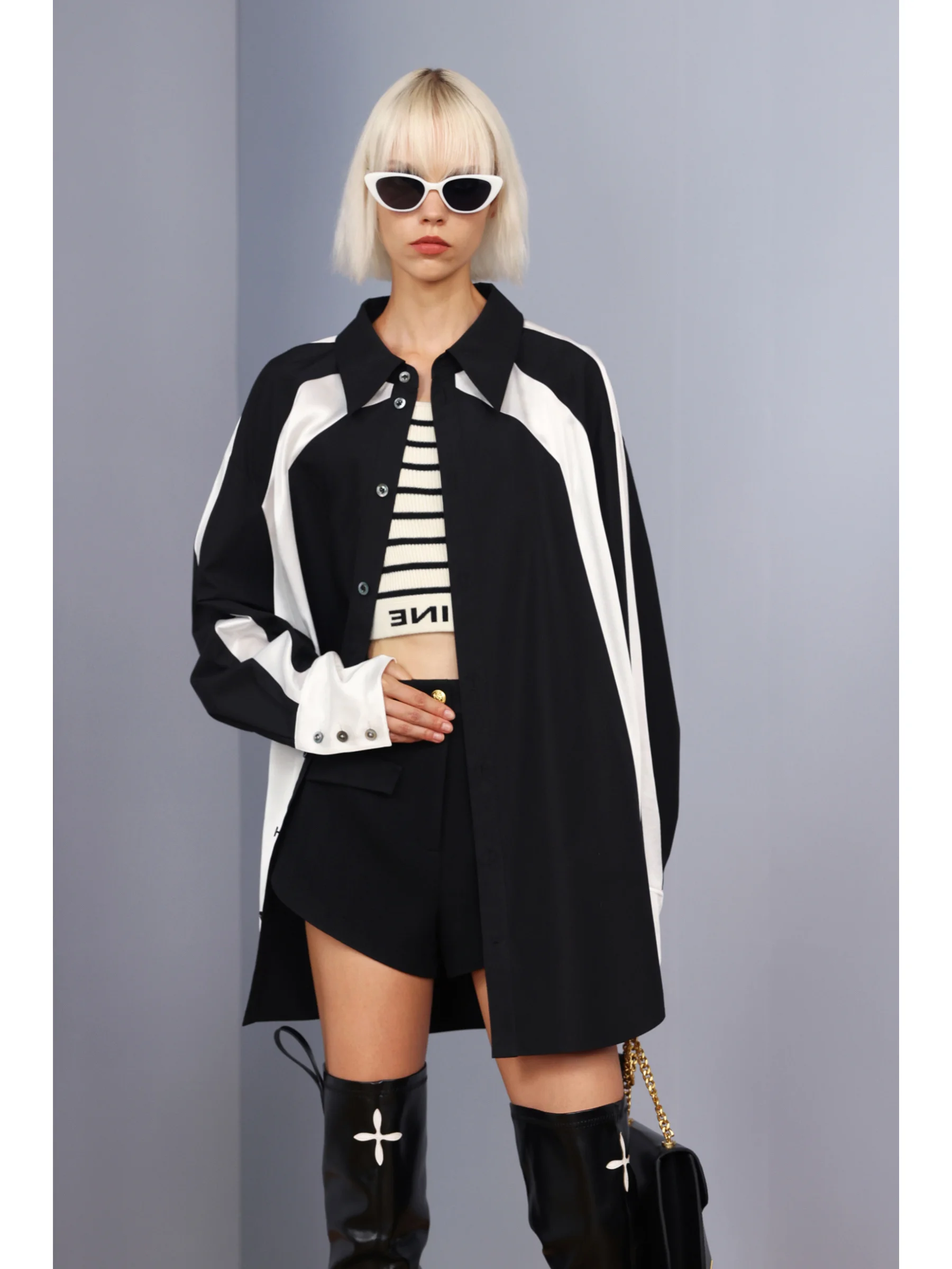 Рубашка Xiaojingjia в французском стиле черно-белая контрастная Свободная рубашка