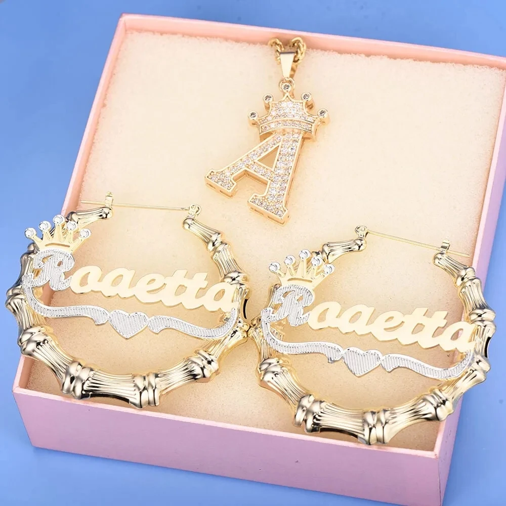 Customized Jewelry Set Personalized Crown Initial Necklace and Two Tone Bamboo Hoop Name Earrings Personalized Custom Plated Set
