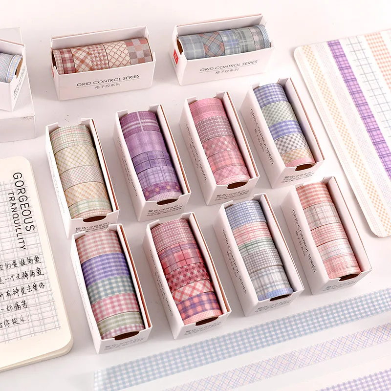

6Rolls Washi Tape Set Simple Classic Grid Masking Tape Decorative Sticker for DIY Scrapbook Hand Account Gift Box Bag Package