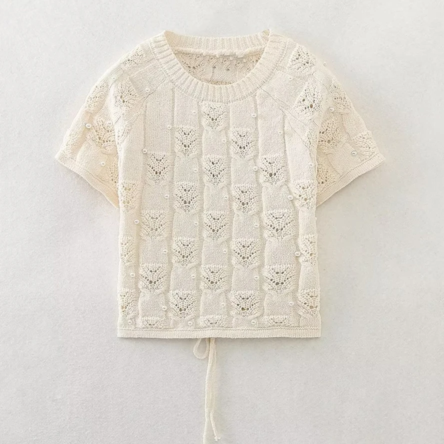 

Withered French Fashion Women's Clothing Hollow Pearl Decoration Knitted Top Short-sleeved T-shirt For Women