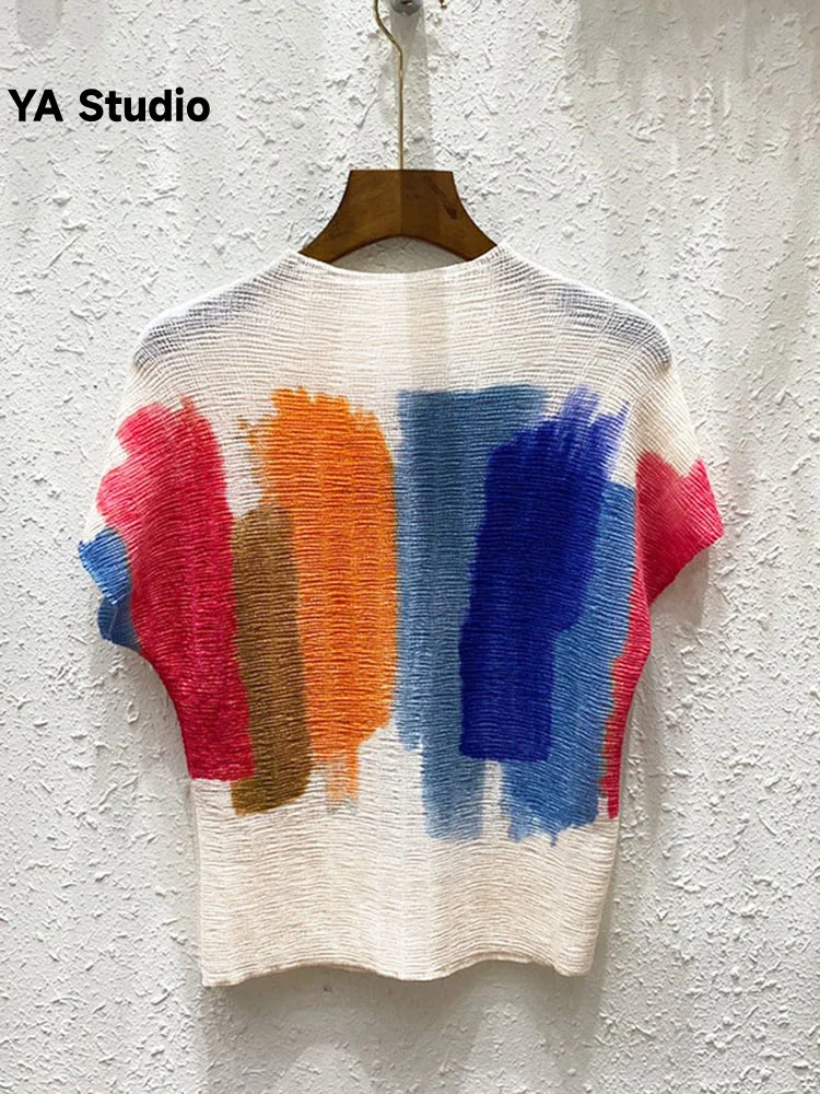 

Женская плиссированная футболка [YA Studio] с принтом, лето 2023, тонкая рубашка с круглым вырезом и рукавами «летучая мышь», Женский шикарный топ с цветными блоками