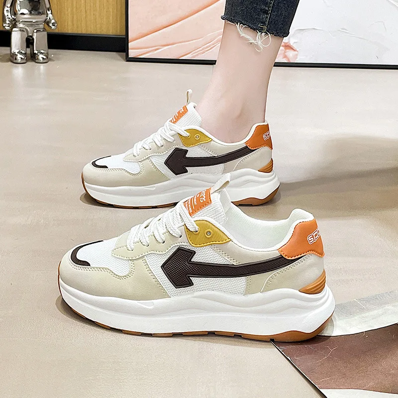 2023 New Chunky Sneakers Women Mesh Leather Platform Shoes Mixed Colors Lace-Up Lady Trendy Trainers Thick Sole