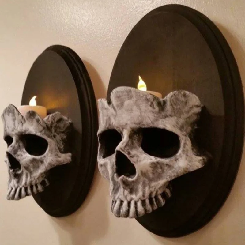

Halloween Scary Skeleton Head Candle Holder Wall Mounted Skull Head Candle Sconce Home Bar Restaurant Decorative Candlestick