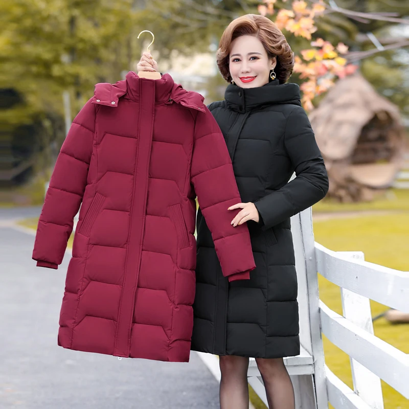 Middle-aged elderly mid-length over-the-knee cotton coat women's 2022 new down cotton coat mother clothing winter hooded clothes