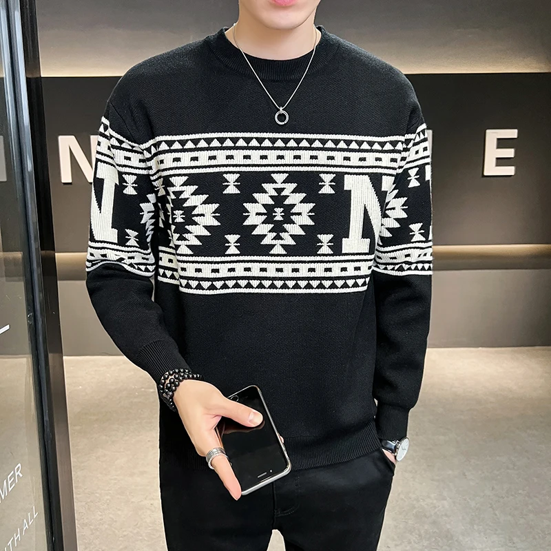 

Men New Autumn Winter Pullover Round Neck Knitted Personality Color Matching Warm Comfortable Fashion Casual Knitted Sweater