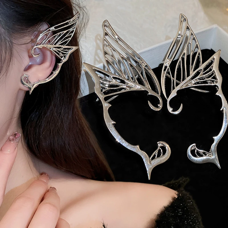 Silver Plated Metal Elf Ear Cuffs Butterfly Ear Clips for Women Stainless Steel Fairy Clip Earrings Wedding Girls Jewelry Gifts