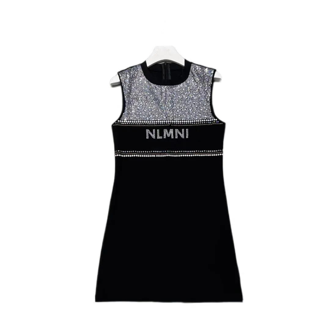 

Summer Women's Sleeveless Dress O-neck Sparkle Diamond Shining Letter Slim Fit Vest Dresses High Street 232-099