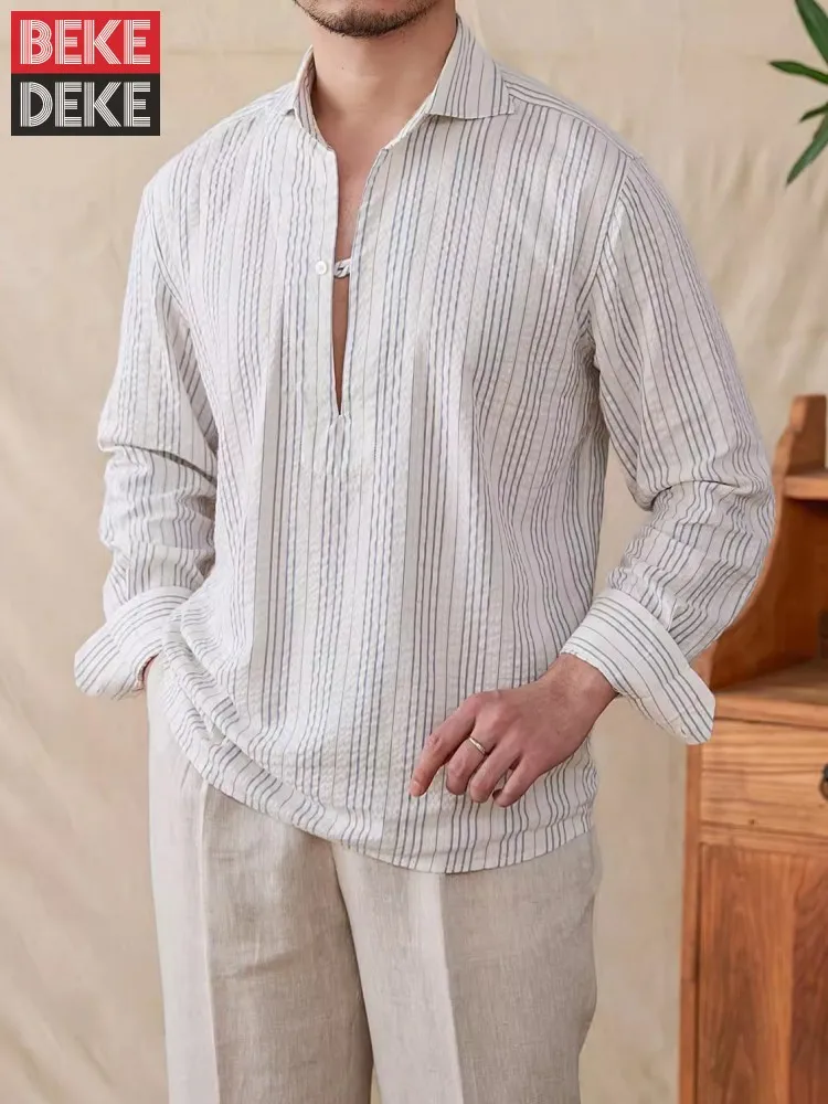 Винтажная Мужская тонкая летняя рубашка с длинным рукавом отложным воротником и