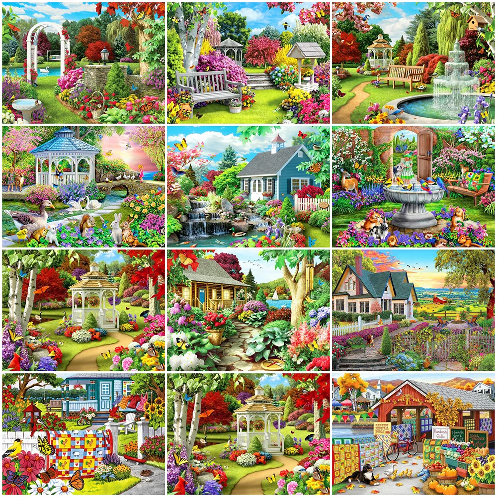 

Алмазная 5D картина Huacan, садовый ландшафт, Набор для вышивки, мозаика, украшение для спальни