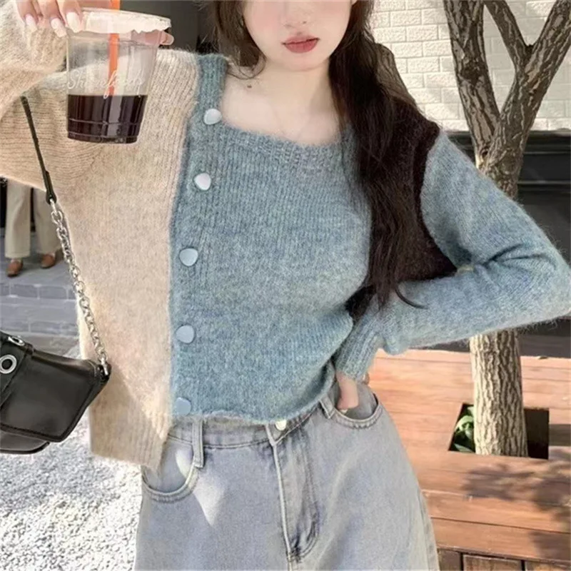

Color matching knitted sweater autumn new Korean fashion western-style knitted cardigan blouse women