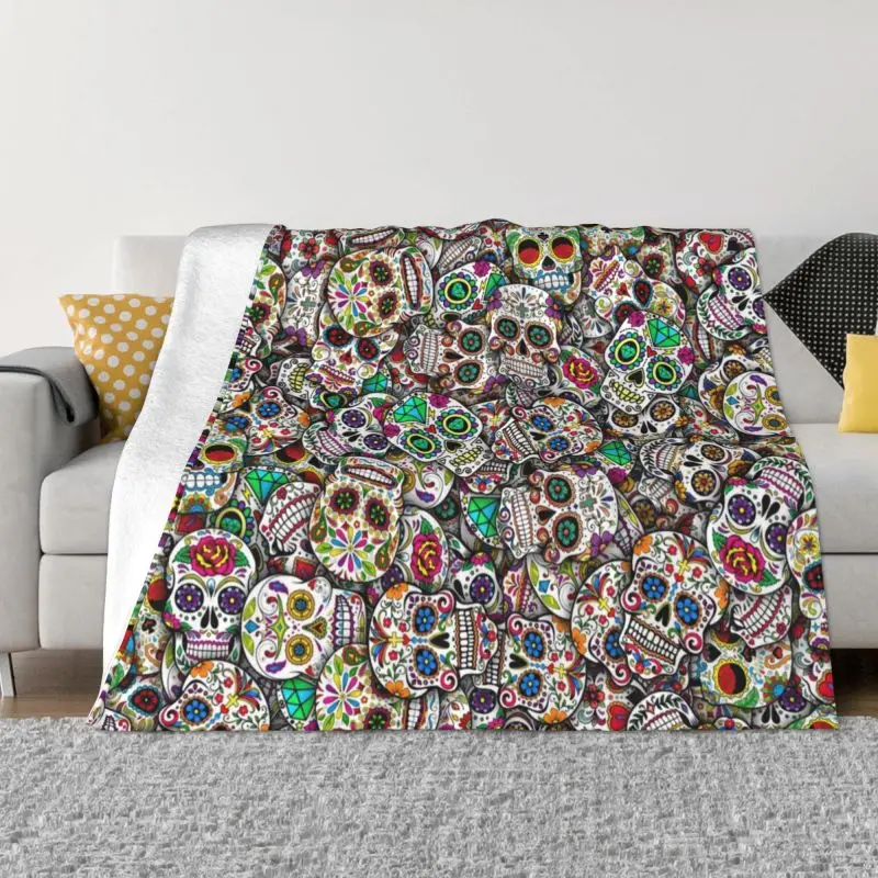 

Mexican Sugar Skulls Blanket 3D Print Flannel Fleece Warm Halloween Day of the Dead Throw Blankets for Travel Bedroom Sofa Quilt