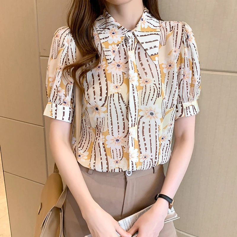 

Chiffon Women's Blouse Printing Buttons Fashion Short Sleeve Polo Shirt Summer New Casual Top Houthion