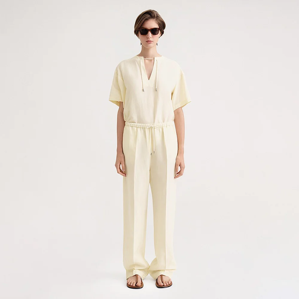 

Totem@23 Summer New Casual Skinny Drawstring Elastic Waist Light Breathable Black Apricot Hemp Trousers