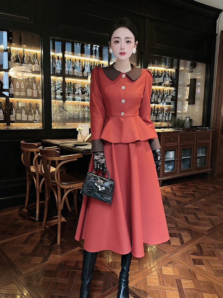 

Осенне-зимние офисные комплекты ZJYT из двух предметов для женщин 2023 модная куртка с длинным рукавом юбка миди элегантный костюм