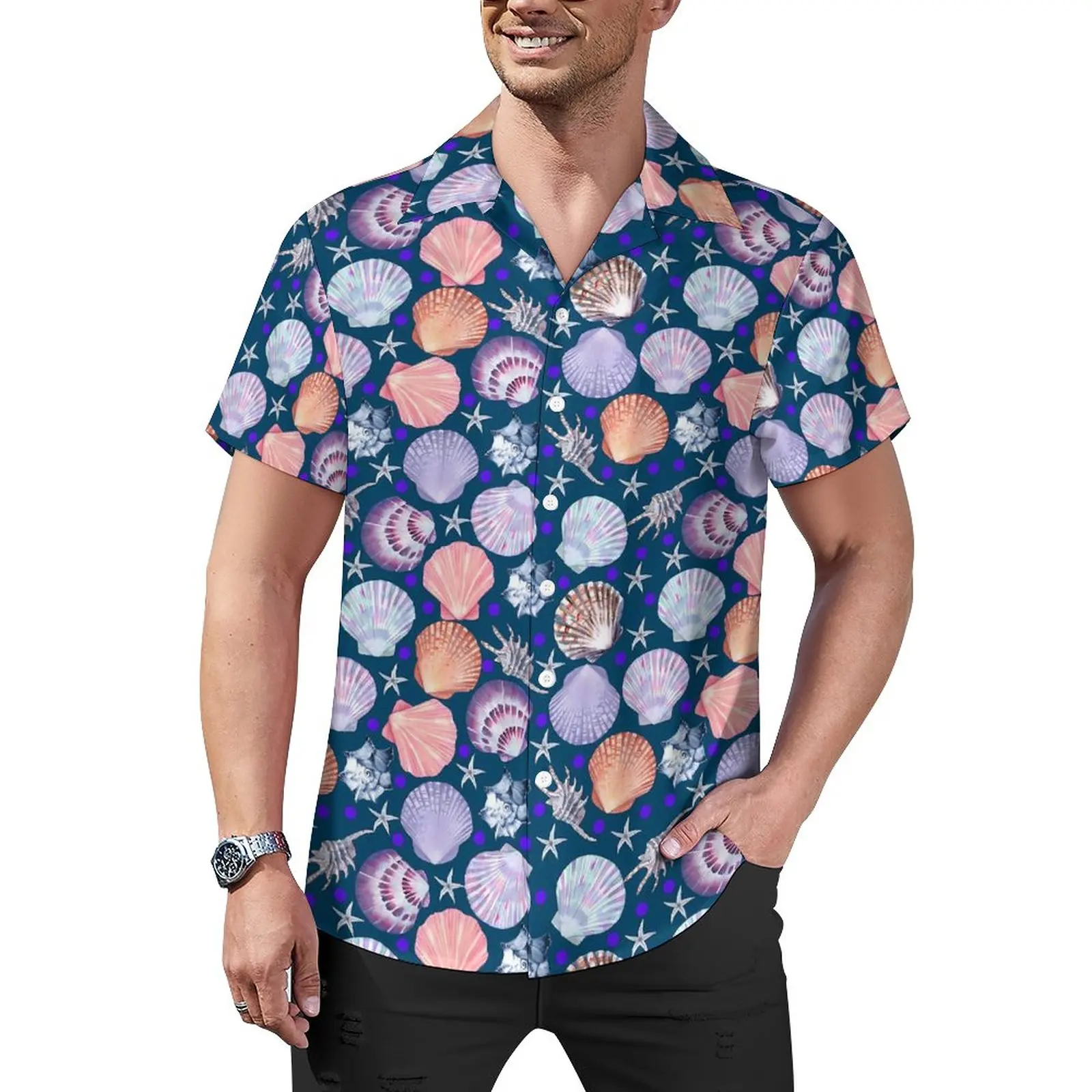 

Sea Shells Blouses Man Scallop Abstract Casual Shirts Hawaiian Short Sleeve Pattern Fashion Oversized Beach Shirt Birthday Gift