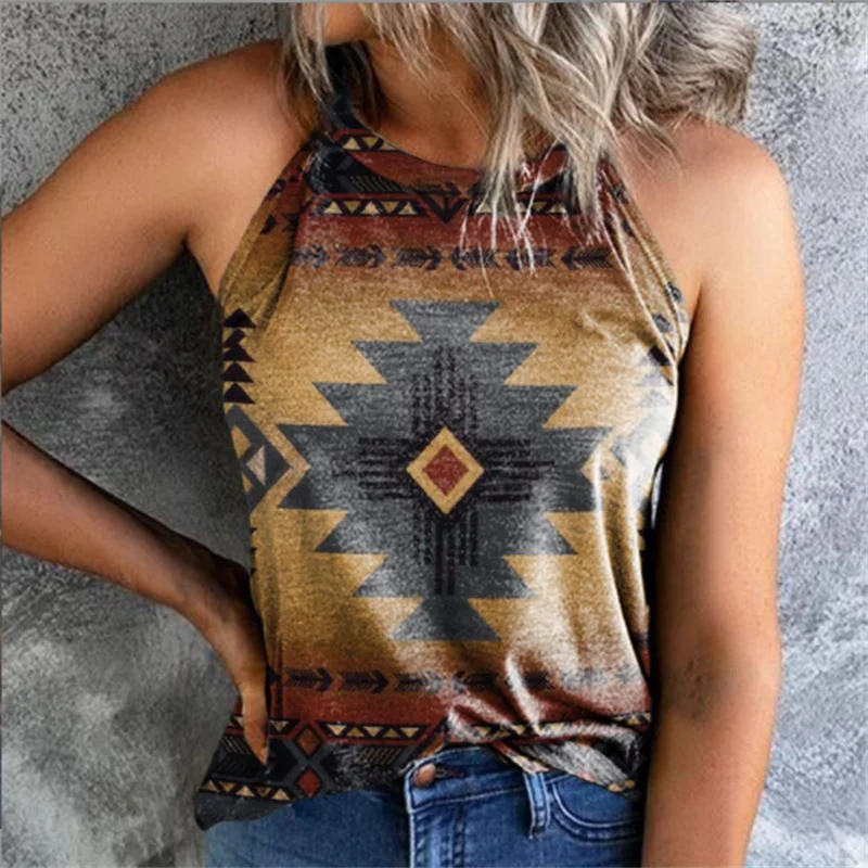 

2022 Brown Loose Vintage Geometric Halter Neck Sleeveless Tank Top Out Top Women Gothic Sexy Aesthetic Fairy Corset Clothes