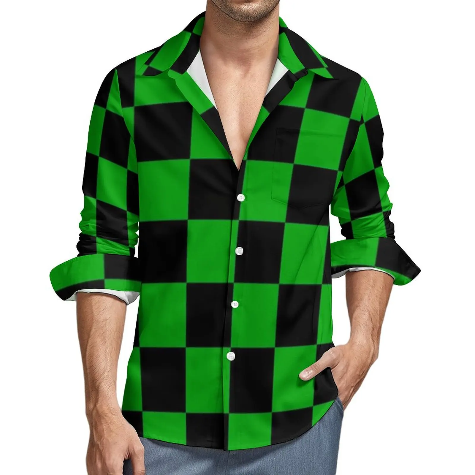 

Черно-зеленая двухцветная рубашка для мужчин, модные повседневные рубашки в клетку, забавные графические блузки, винтажная одежда большого размера с длинным рукавом в подарок