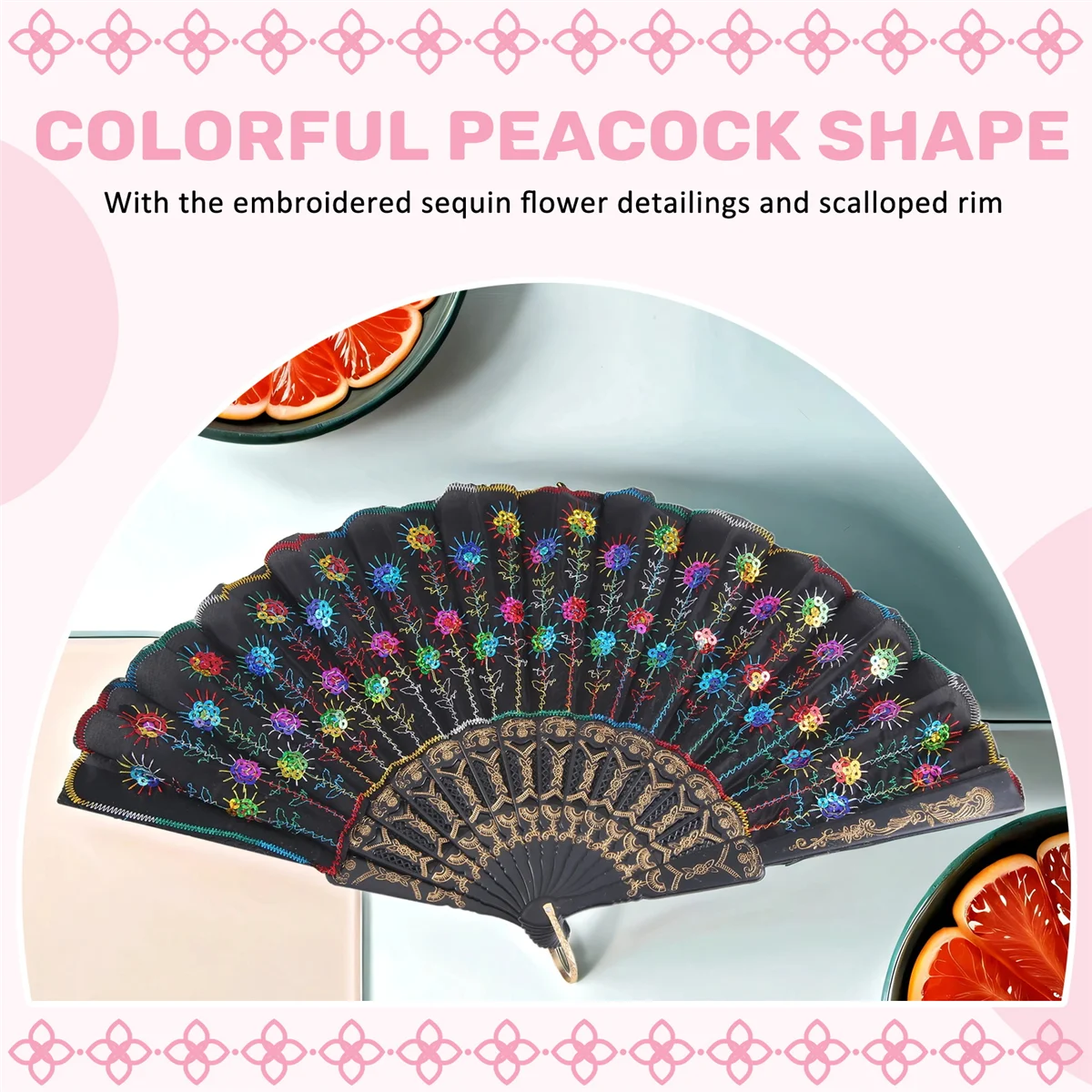 SODIAL(R) цветной Вышитый цветочный узор черный тканевый складной веер для женщин