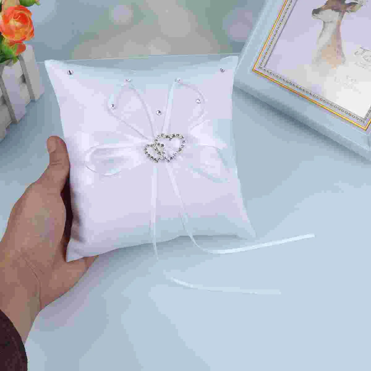 

15*15cm Double Heart Rhinstone Decored Bridal Wedding Ceremony Pocket Ring Bearer Pillow Cushion with Satin Ribbons (White)