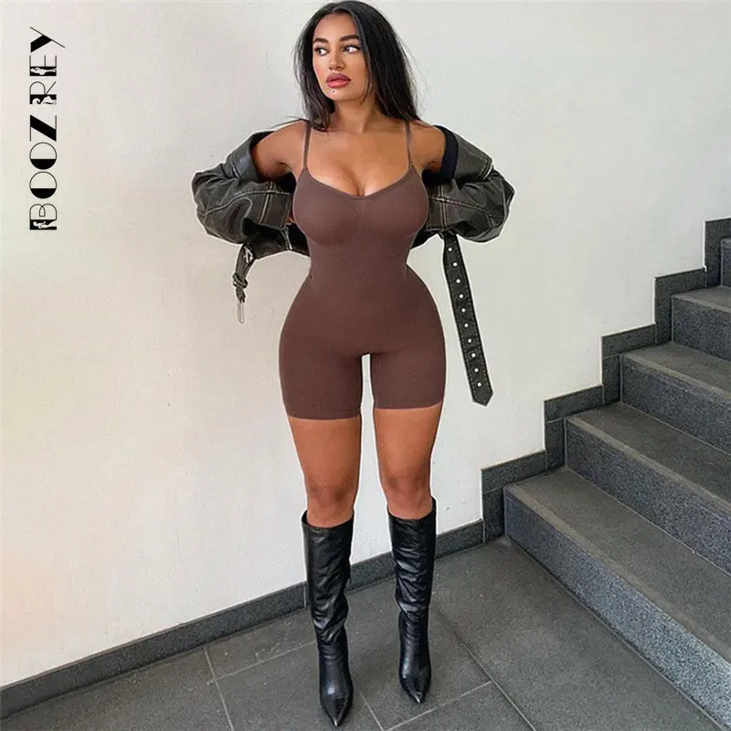 BoozRey Spring Sleeveless Spaghetti Strap Women Romper Sexy Backless Solid Bandage Playsuit Hipster Gym Fitness Baddie Outfits
