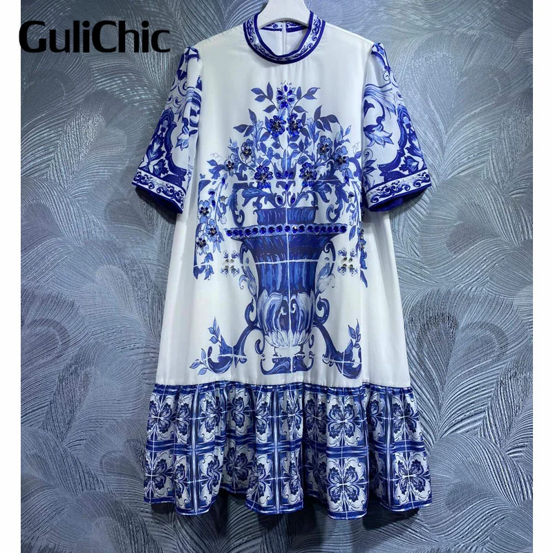 

7.19 GuliChic Holiday Fashion Porcelain Print Crystal Sequins Beading Stand Collar Short Sleeve Loose Dress Women
