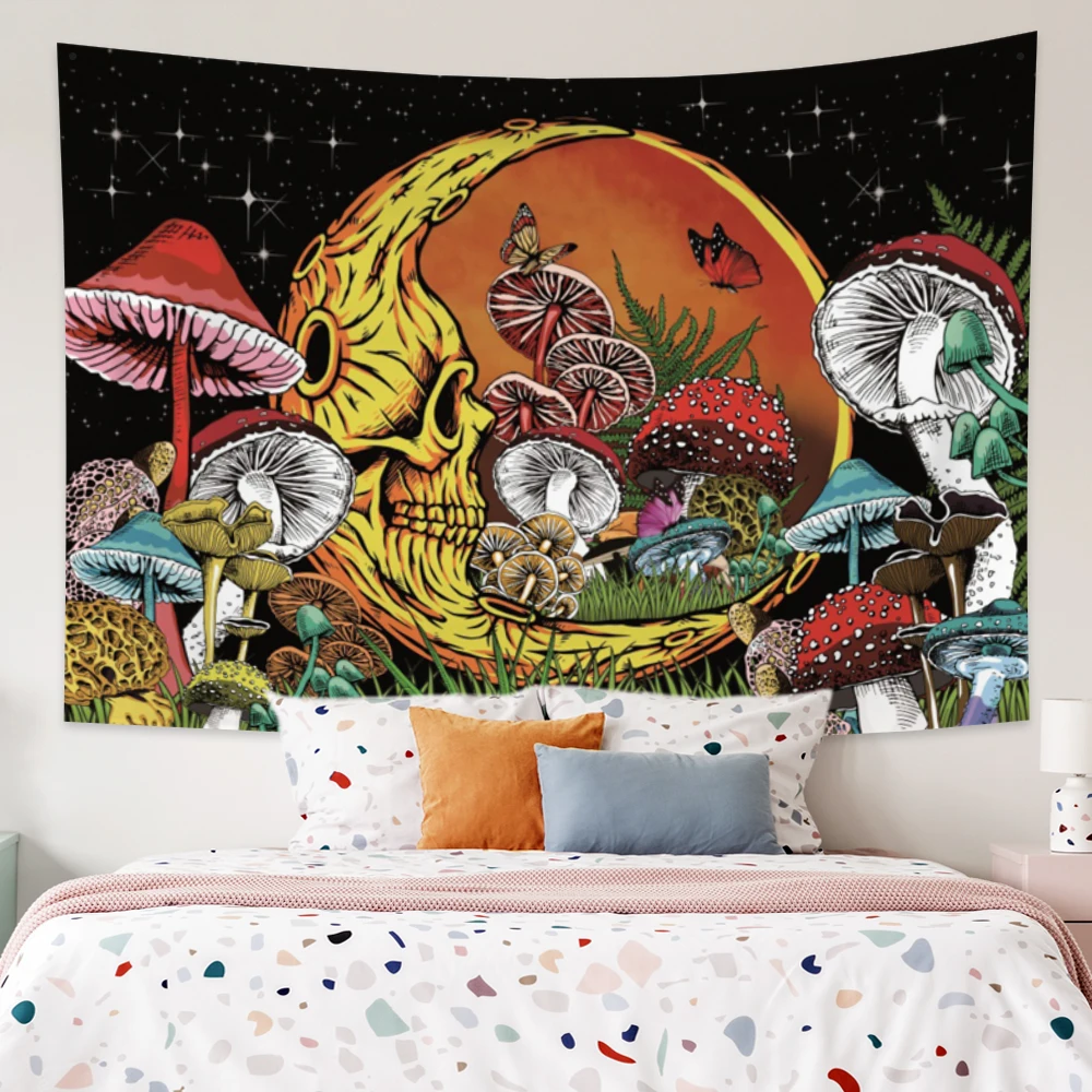 

Psychedelic Mushroom Moon Skull Tapestry Carpet Skeleton Witchcraf Hippie Bohemian Wall Hanging Blanket Home Decor Tapestries