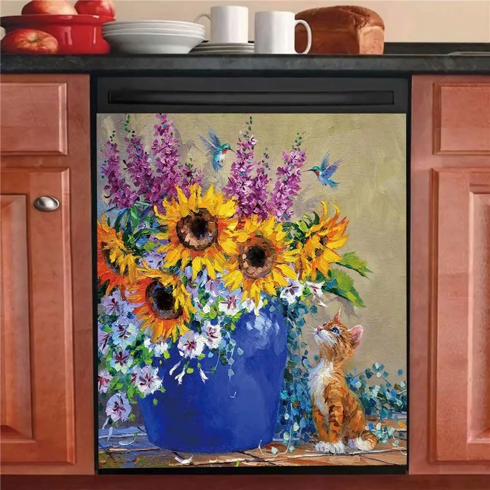 

Homega Oil Flower Dishwasher Decals Magnet Sticker Kitchen Decor,Spring Beautiful Floral Fridge Panels,Cute Cat Refrigerator Mag