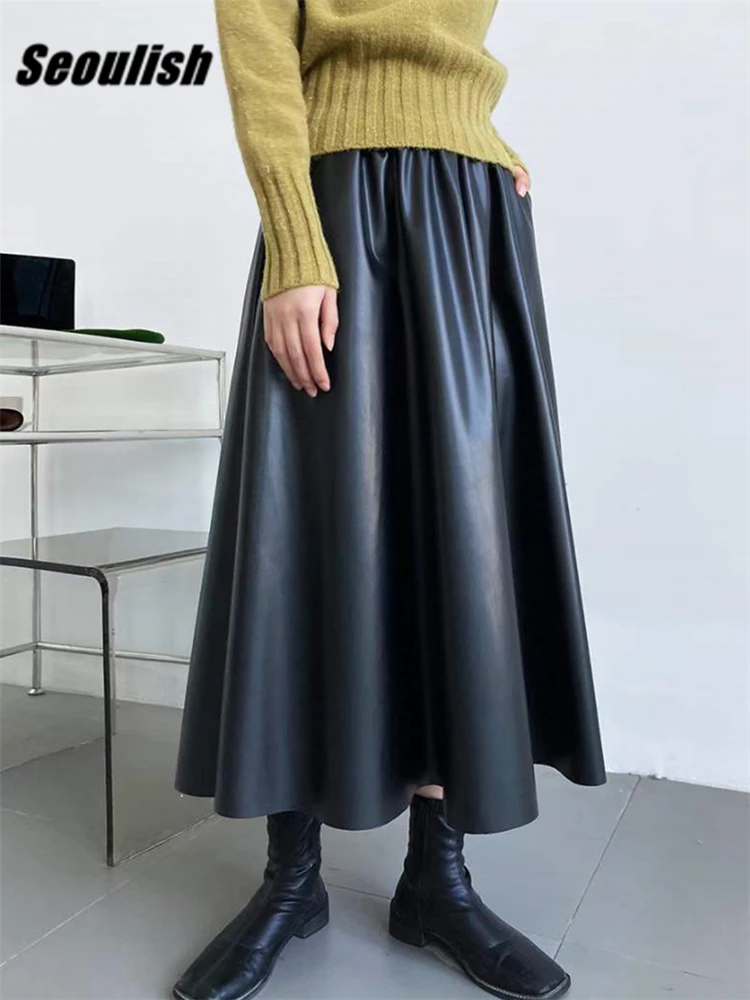 Женская длинная юбка из ПУ кожи с высокой талией |