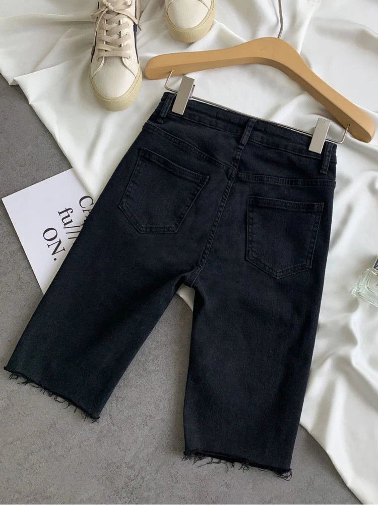 Five-point Denim Shorts Women's Summer Thin Section Large Size Elastic Tight-fitting Ripped High Waist Blue Straight Jeans Pants