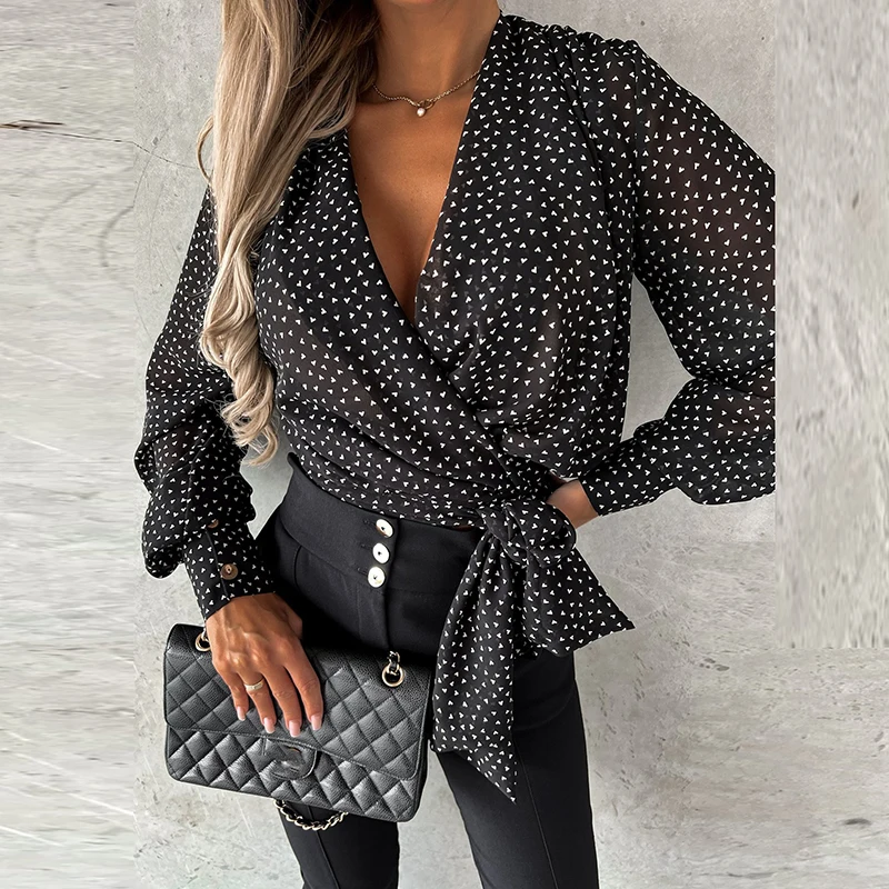 

Шифоновая пикантная блузка с принтом и V-образным вырезом, женская новая осенняя однотонная Облегающая рубашка, повседневные свободные офисные топы с рукавами-фонариками