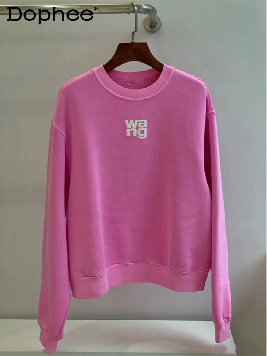 

Autumn Winter Letters Printing Velvet Warm Pink Hoodies Women Round Neck Long Sleeve Loose Leisure Sportwear Sweatshirt Coat Top