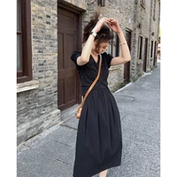 2022 summer v neck short sleeve korean casual dress natural factors a line black mid dress pleated fashion office dress for lady