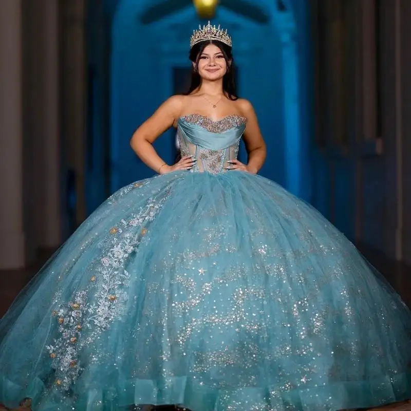 Морское синее блестящее бальное платье Quinceanera Платья с блестками и аппликациями