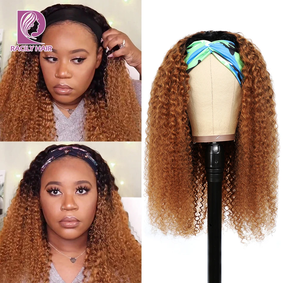 Kinky Curly Headband Wig Human Hair Remy Ombre Brazilian Full Machine Made Headband Wigs For Black Women Scarf Wig Racily Hair