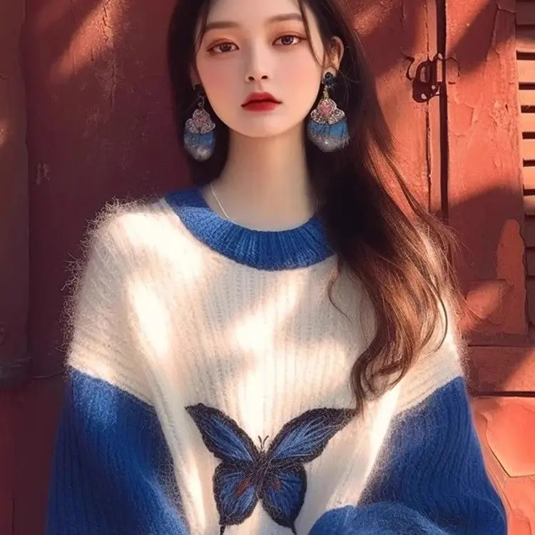 контрастный синий мягкий восковой свитер для женщин 2024 осень и зима новая