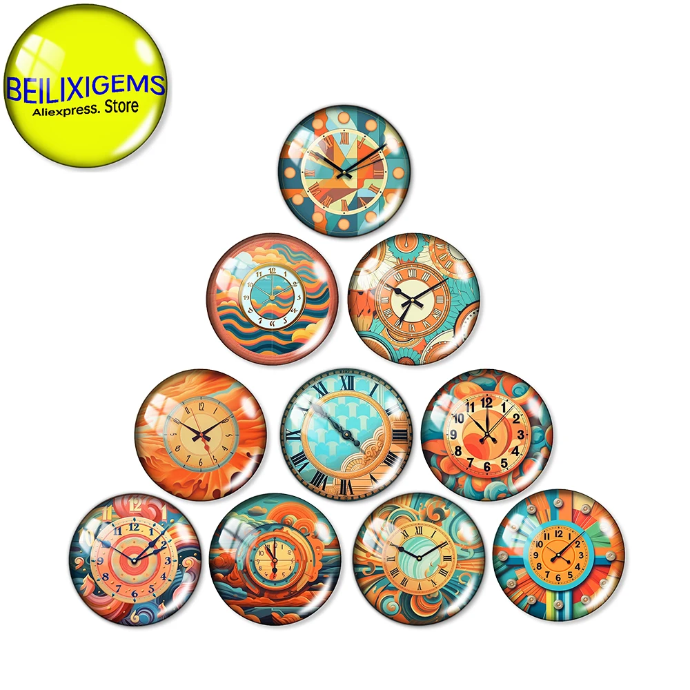

10 Pcs Retro Clock Watches Pattern Art Paintings 12mm/18mm/20mm/25mm Round Glass Cabochons Demo Flat Back Making Findings
