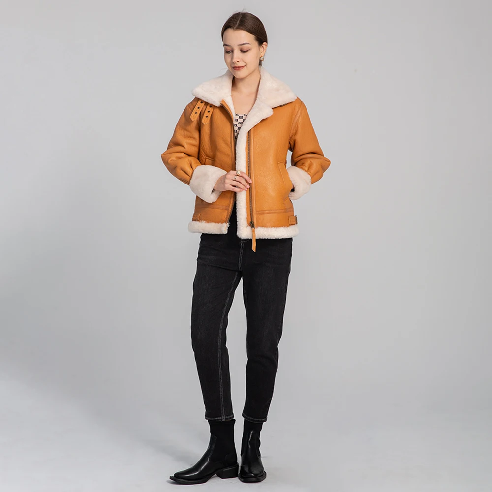 Lady Winter Leather Jackets Shearling Coats Motorcycle Genuine Sheepskin Leather Wool Fur Lining Warm Overcoats 2022 New 3628