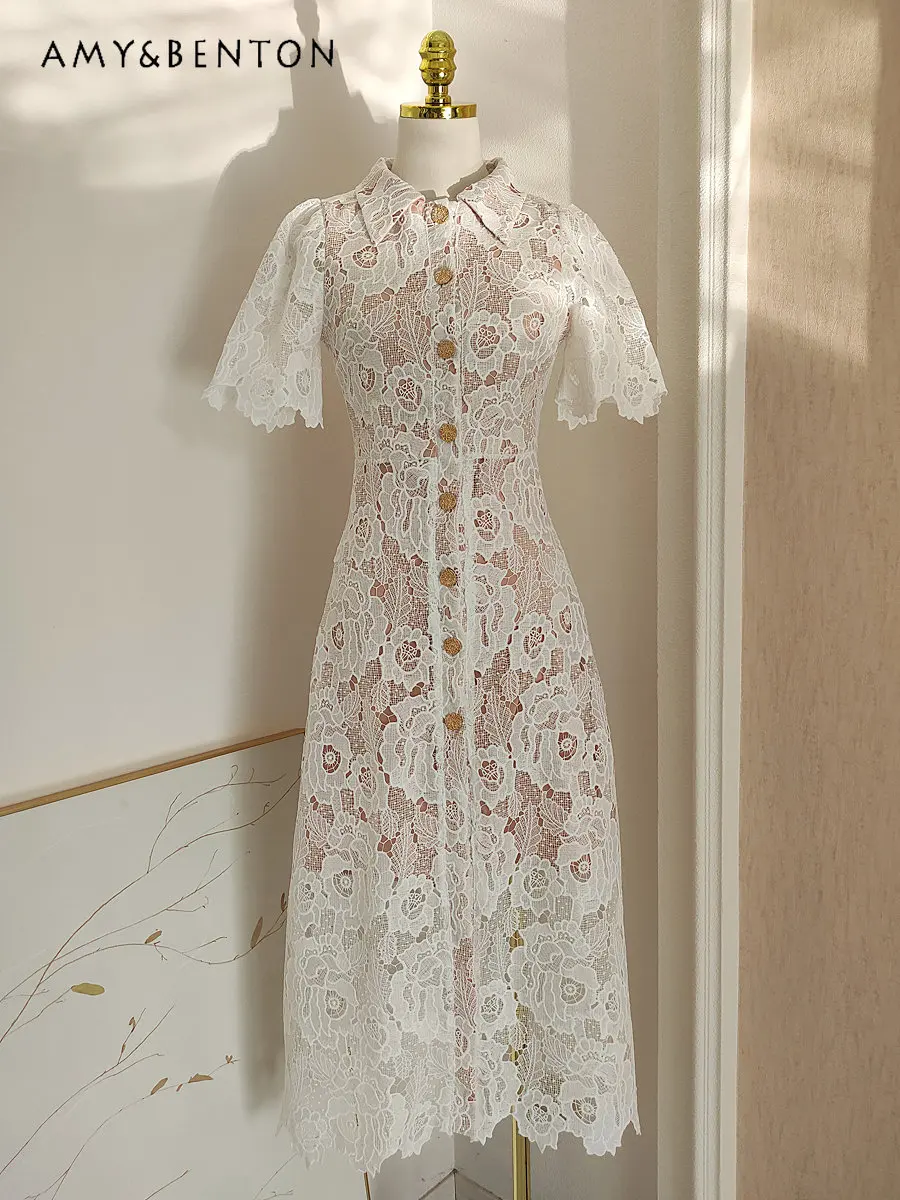 

2023 Summer New French Style Retro Elegant Lapel Dress Lace Embroidered Hollow Fitted Waist Figure Flattering Shirt Dress