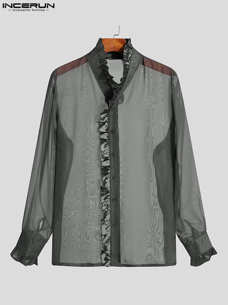 INCERUN Men Shirt Patchwork Lapel Ruffle Long Sleeve Fashion Mesh Transparent Sexy Shirts 2022 Streetwear Party Camisas S-5XL