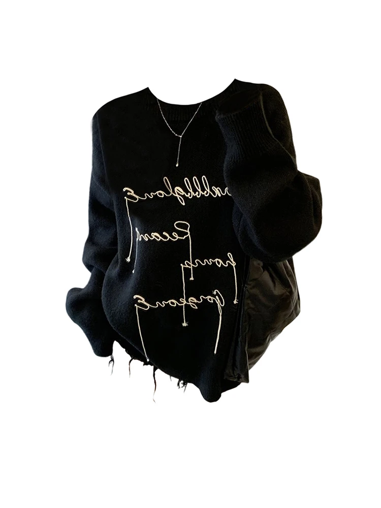 

Fashion Simple Letter Print Black Classical Sweater Cozy Long Sleeve Baggy Pullovers Tassel Chic Autumn Winter Streetwear Gothic