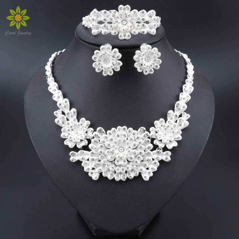 

Нигерийские классические ювелирные наборы, элегантные свадебные серьги в форме цветка, посеребренное ожерелье, серьги для женщин из Дубая, ...