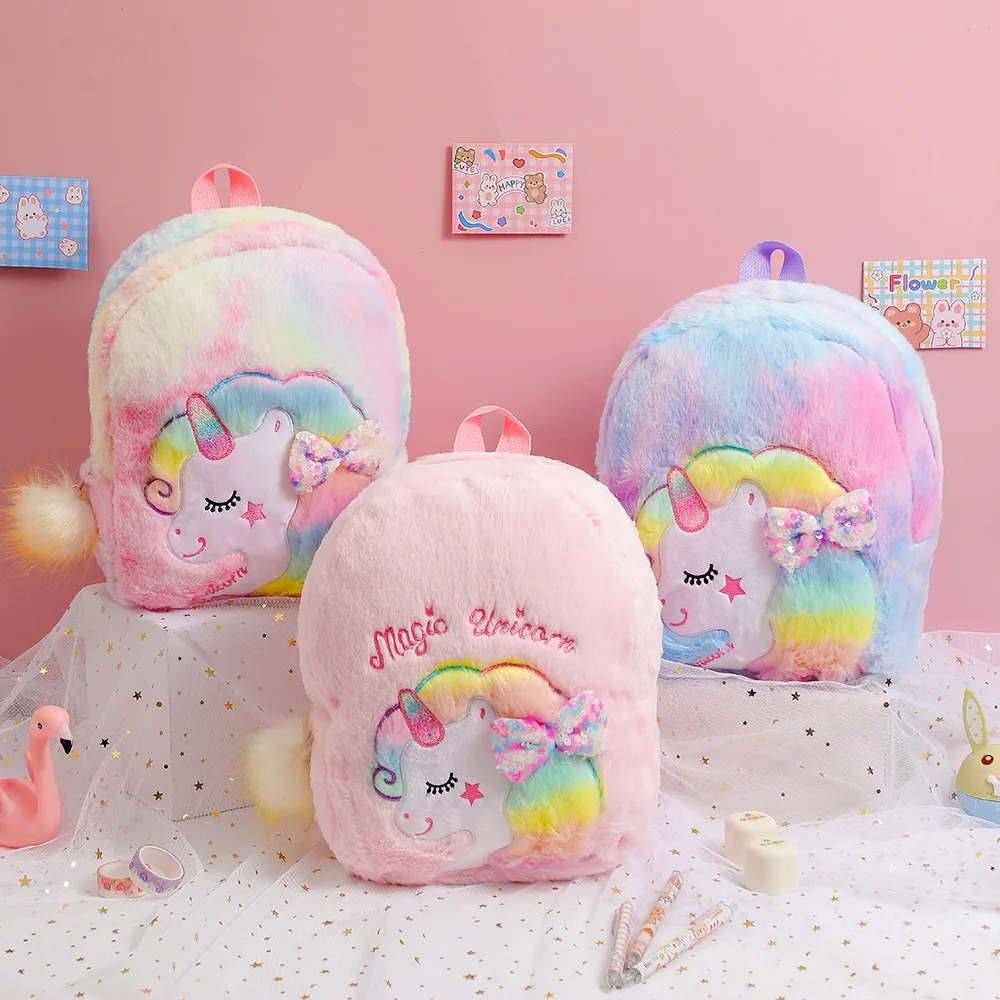 Plush Unicorn Tie Dye Cartoon Backpack Children Cute Bow Kindergarten Schoolbag Girl Fashion Fur Children Kids Gift Book Bag