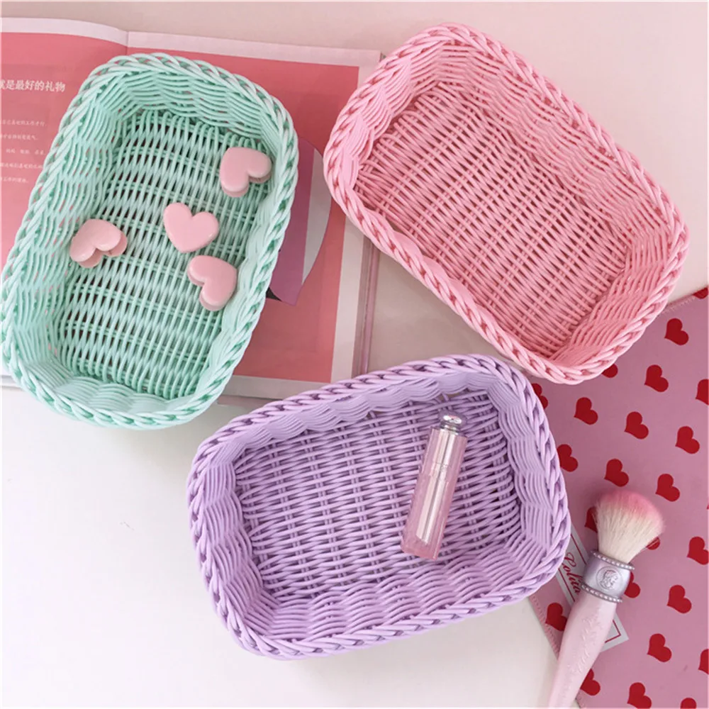

Cute Weave Storage Basket Kawaii Stationery Holder Candy Color Desktop Sundries Cosmetics Pen Holder Organizer Office Supplies