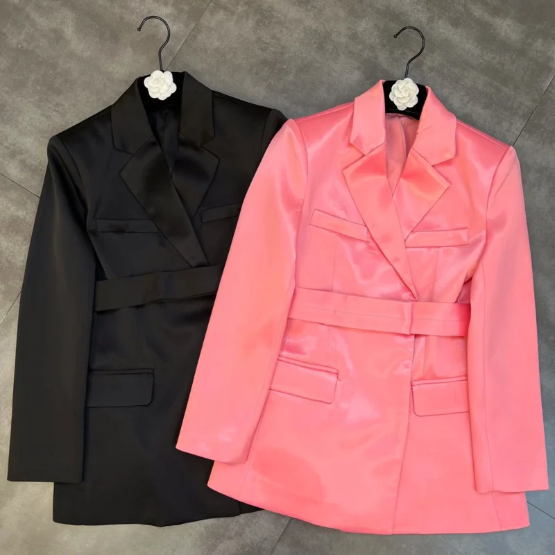 Spring 2022 New Arrival Long Sleeve Turn Down Collar Multi Pockets Slim Blazer Women Pink Suit Coat With Belt GD498