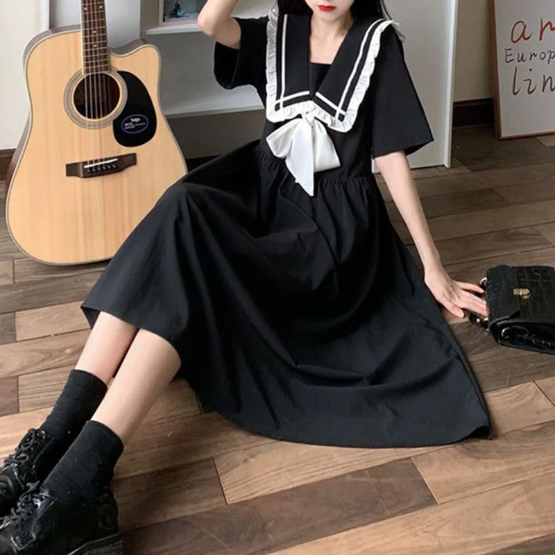 Black Versatile Naval Leader Splicing Ruffles Short Sleeve A-line Summer Retro Preppy Style Bow Bandage Plus Size Midi Dresses