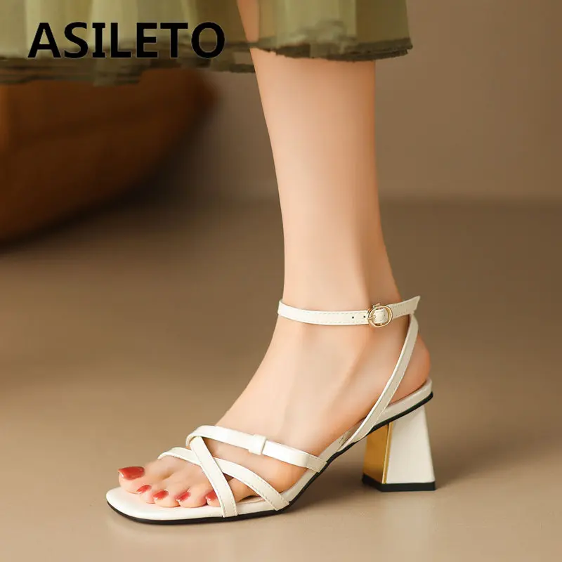 

ASILETO Ladies Sandals Square Toe Chunky Heel 6cm Buckle Strap Bowknot Large Size 41 42 43 Concise Elegant Dating Women Shoes