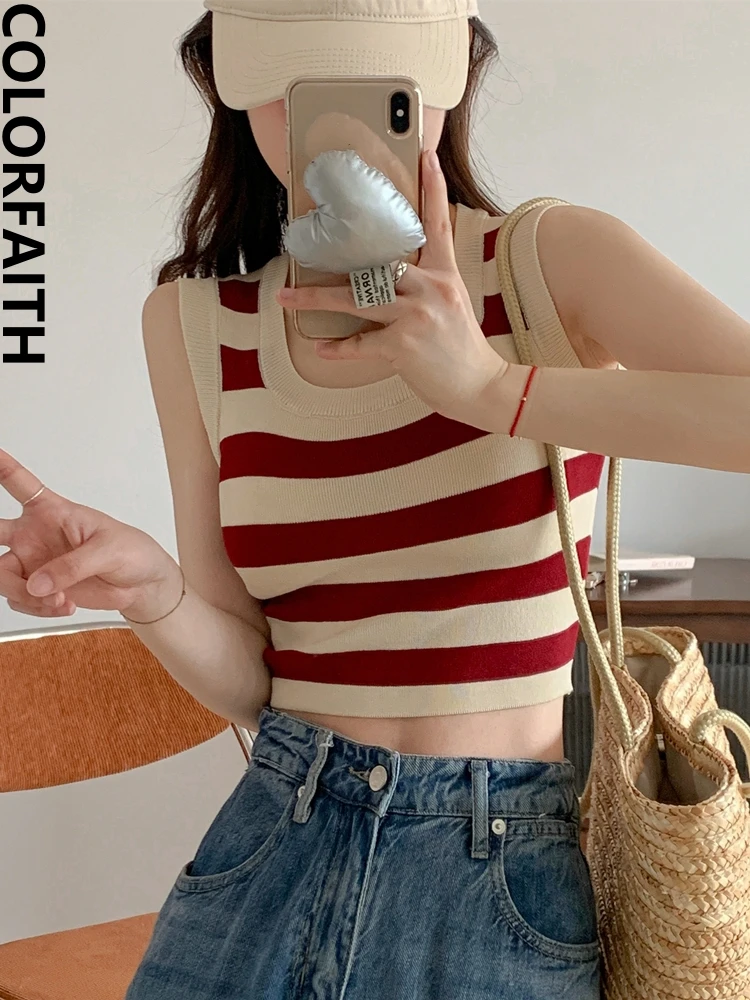 

Colorfaith V5213DG New 2023 Chic Basic Bottoming Striped Elasticity Vests Women Spring Summer Tank & Camis Wild Crop Short Tops