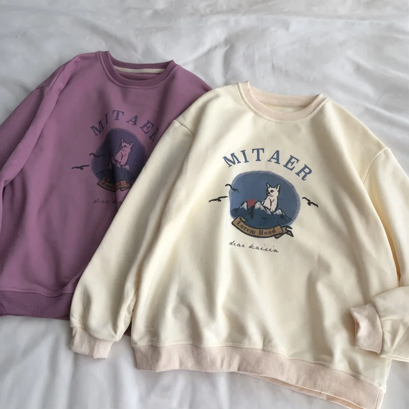 

New Women Spring Beige Purple Color Hoodies O-Neck Long Sleeve Cartoon Print Pullovers New Clothes Women Tops Sweatershirt
