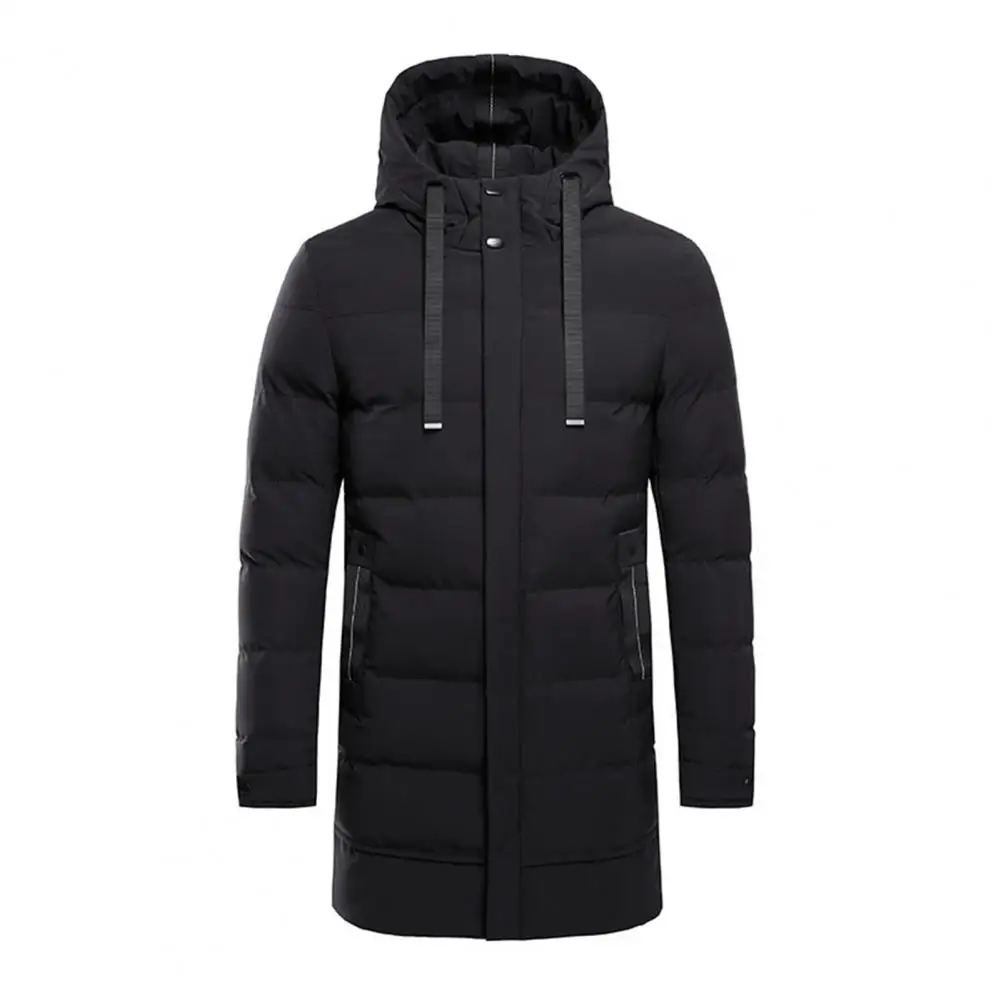 Autumn Winter Men Jacket Cotton Padded Hooded Long Sleeve Drawstring Mid-length Windbreaker for Daily Wear